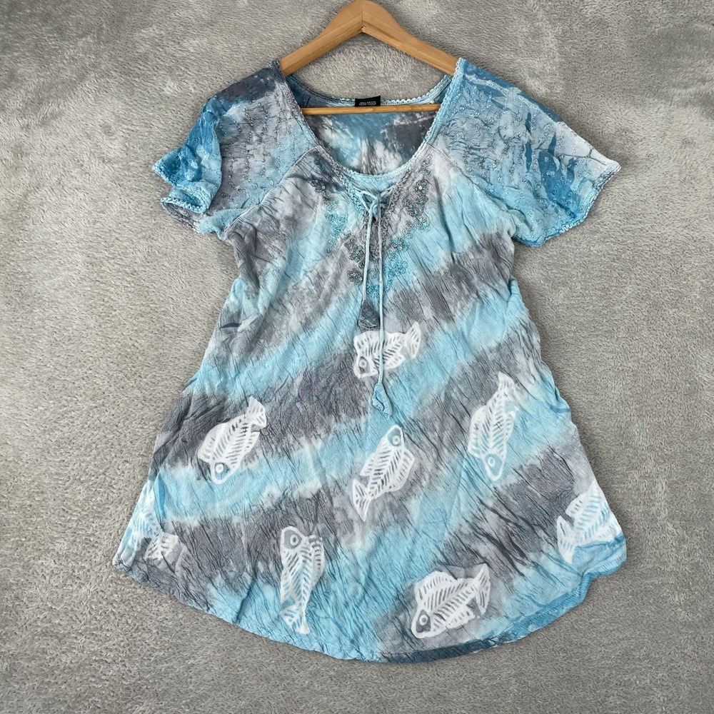 Advance Plus Size Tunic Womens 1X Blue Gray Tie Dye Fish Sequin Boho Peasant Top